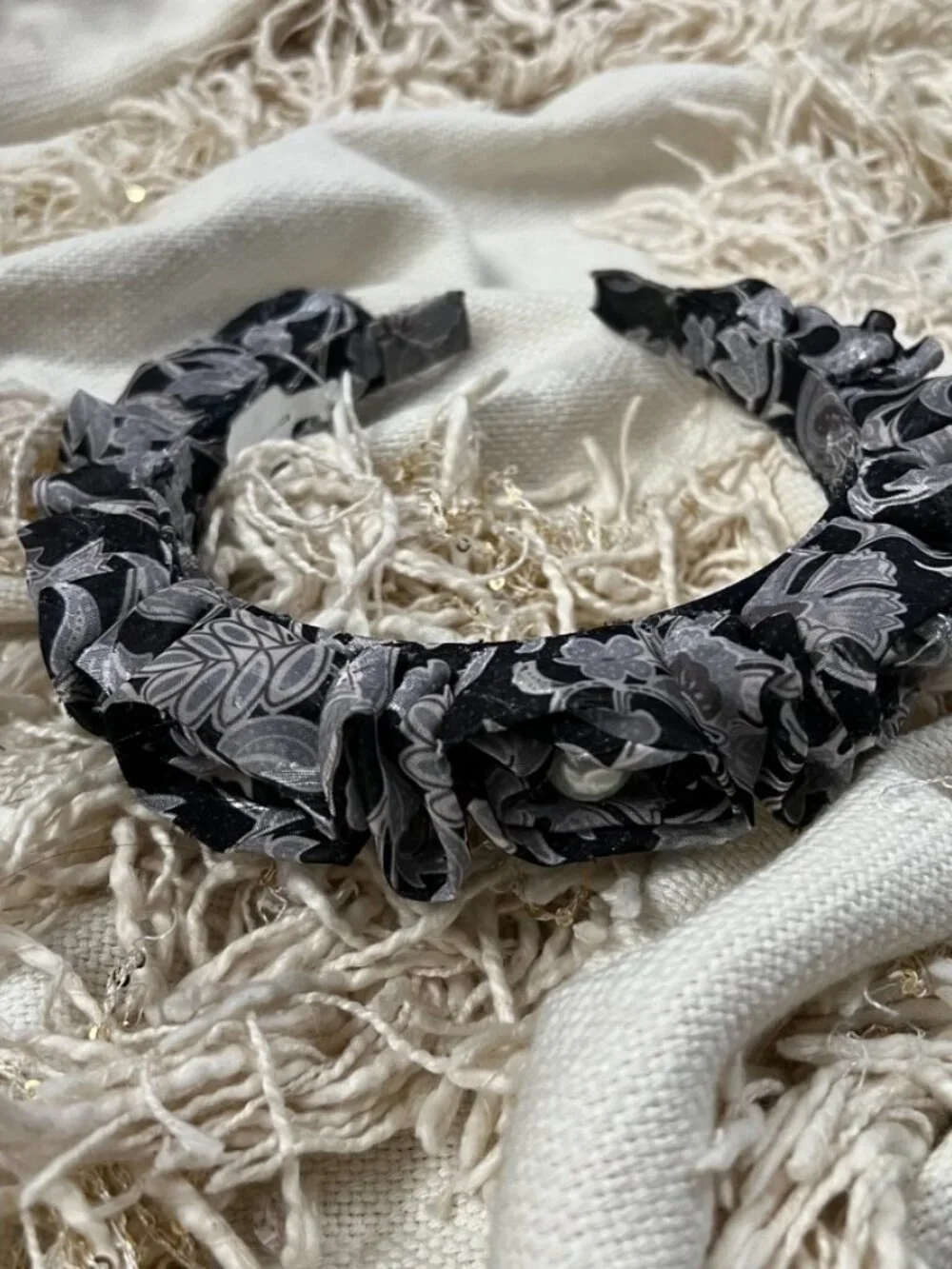 Anthropologie Black Floral Embellished Pearl Ruffle Headband New